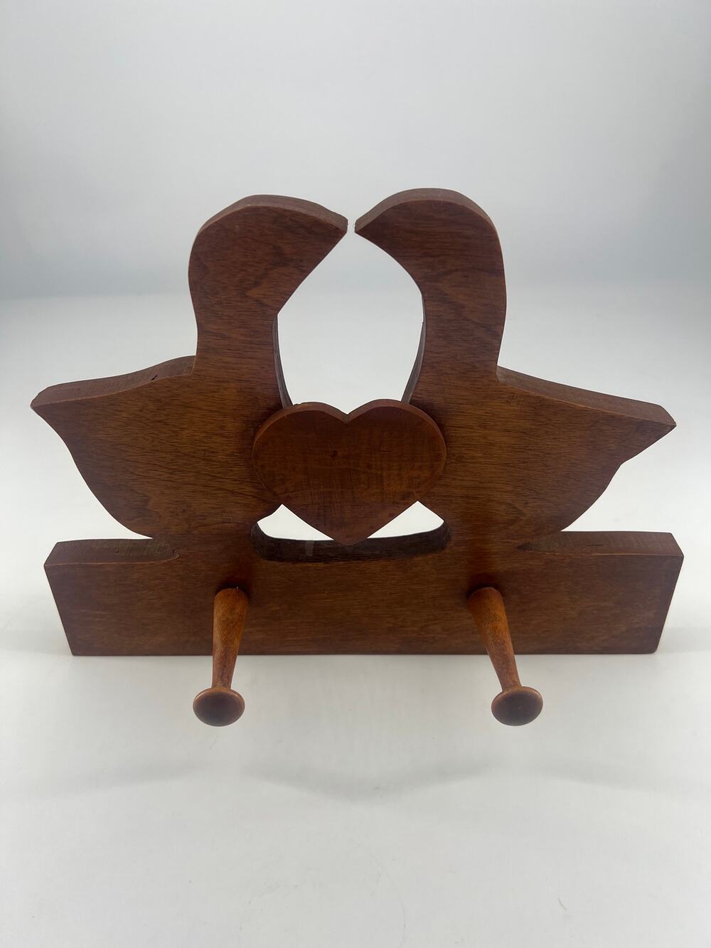 Vintage Wooden Wall Mounted Hook Rack Kissing Ducks Geese Cottagecore Heart